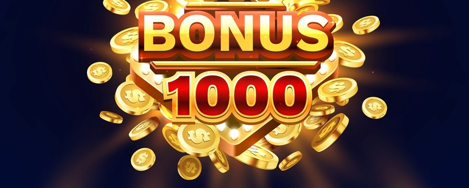 Die Grafik zeigt eine visuell ansprechende Darstellung von goldenen Münzen, die um einen zentral positionierten Schriftzug „BONUS 1000“ kreisen. Der Hintergrund ist dynamisch beleuchtet, mit strahlenden Lichteffekten, die den Bonus optisch hervorheben. Solche Illustrationen sind typisch für Werbekampagnen von Neue Online Casinos, die mit großzügigen Willkommensboni neue Spieler anlocken. Das Gesamtbild vermittelt ein Gefühl von Gewinn, Spannung und exklusivem Spielangebot, ideal für die Bewerbung innovativer Glücksspielplattformen mit Fokus auf Bonussysteme und Benutzerfreundlichkeit.