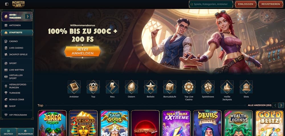 Monsterwin Casino homepage screenshot.